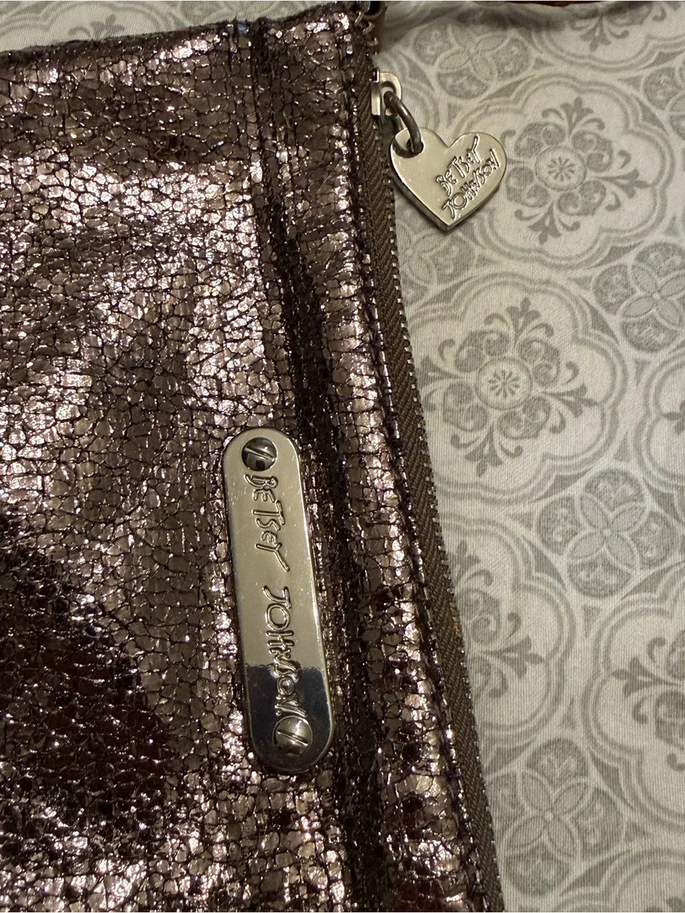 Betsey Johnson Metallic Silver/Gold Wristlet with Tan Strap